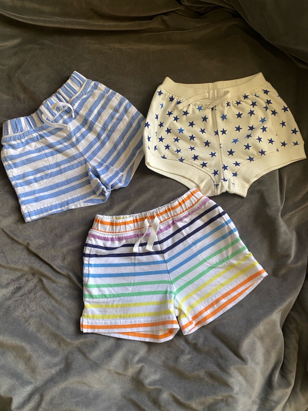 Primary Girls Cotton Shorts Trio - White, Blue, Rainbow Stripes